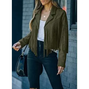 Dokotoo Western Fall 2023 Jackets for Women Motorcycle Lapel Cropped Faux Suede Leather Tassel Jacket Green Large