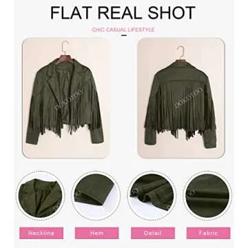 Dokotoo Western Fall 2023 Jackets for Women Motorcycle Lapel Cropped Faux Suede Leather Tassel Jacket Green Large