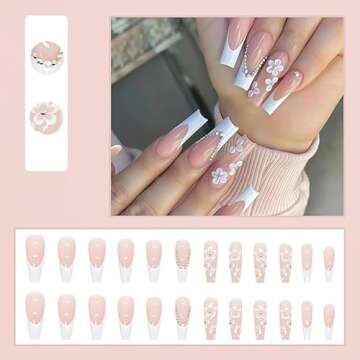 French Coffin White Tip Fake Nails Press on Nails Long Flower and Rhinestones Designs False Nails Nude Pink Full Cover Acrylic Glue on Nails Suitable for summer Stick on Nails for Women 24Pcs