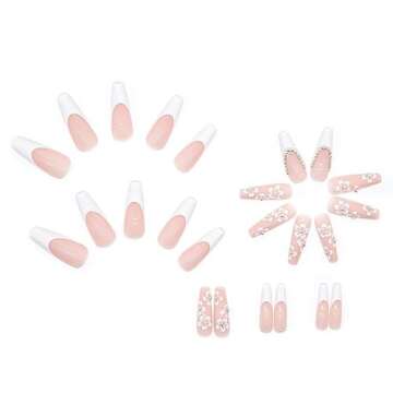 French Coffin White Tip Fake Nails Press on Nails Long Flower and Rhinestones Designs False Nails Nude Pink Full Cover Acrylic Glue on Nails Suitable for summer Stick on Nails for Women 24Pcs