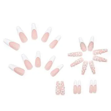 French Coffin White Tip Fake Nails Press on Nails Long Flower and Rhinestones Designs False Nails Nude Pink Full Cover Acrylic Glue on Nails Suitable for summer Stick on Nails for Women 24Pcs