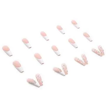 French Coffin White Tip Fake Nails Press on Nails Long Flower and Rhinestones Designs False Nails Nude Pink Full Cover Acrylic Glue on Nails Suitable for summer Stick on Nails for Women 24Pcs
