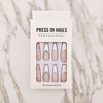 French Coffin White Tip Fake Nails Press on Nails Long Flower and Rhinestones Designs False Nails Nude Pink Full Cover Acrylic Glue on Nails Suitable for summer Stick on Nails for Women 24Pcs