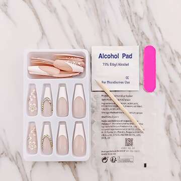 French Coffin White Tip Fake Nails Press on Nails Long Flower and Rhinestones Designs False Nails Nude Pink Full Cover Acrylic Glue on Nails Suitable for summer Stick on Nails for Women 24Pcs