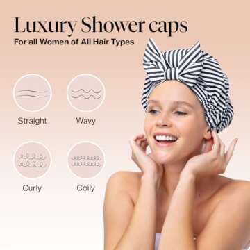 Kitsch Luxury Shower Caps for Women Reusable Waterproof - Large Shower Cap for Women and Men, Non-slip, Quick-dry Hair Cap for Long & Short Hair, Comfortable and Stylish Design - Stripe