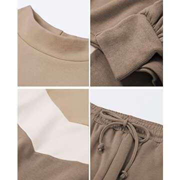 Fixmatti Women 2 Piece Sweatsuit Color Block Workleisure Tracksuit Matching Set Lantern Sleeve Jogger Suit Coffee M
