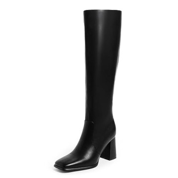 Modatope Black Knee High Boots Women Chunky Heel Square Toe Tall Boots