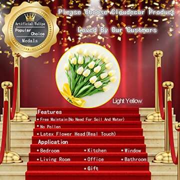 Cloudecor 20Pcs Artificial Tulips Real Touch Artificial Flowers Fake Tulip Latex Bouquet Flower for Wedding Party Home Garden Office DIY Floral Arrangement Decor (Light Yellow - 20p)