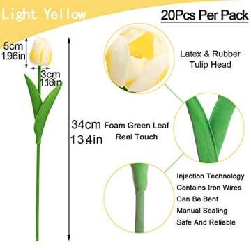 Cloudecor 20Pcs Artificial Tulips Real Touch Artificial Flowers Fake Tulip Latex Bouquet Flower for Wedding Party Home Garden Office DIY Floral Arrangement Decor (Light Yellow - 20p)