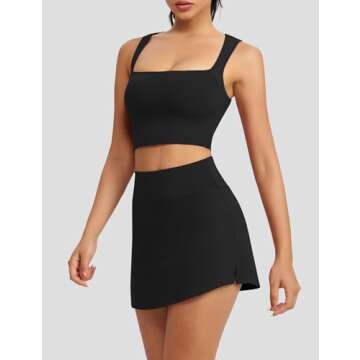 POTILI 2 Piece Tennis Dresses for Women Mini Skirt Set Athletic Dress Square Neck Top Built in Bra Workout Skort with Pockets