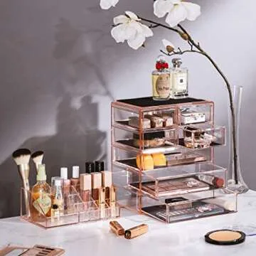 Sorbus Clear Cosmetic Makeup Organizer - Make Up & Jewelry Storage, Case & Display - Spacious Design - Great Holder for Dresser, Bathroom, Vanity & Countertop (3 Large, 4 Small Drawers) [Pink]