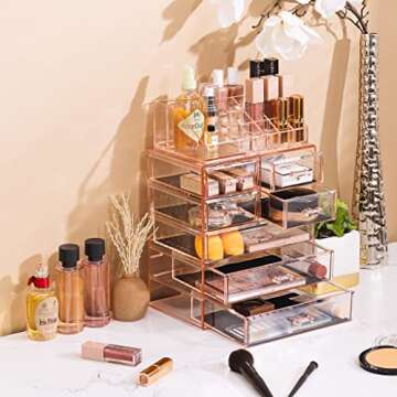 Sorbus Clear Cosmetic Makeup Organizer - Make Up & Jewelry Storage, Case & Display - Spacious Design - Great Holder for Dresser, Bathroom, Vanity & Countertop (3 Large, 4 Small Drawers) [Pink]