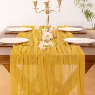 Socomi Gold Yellow Table Runner Spring Easter Cheesecloth Table Runner 170 inch Cheese Cloth Runner 14FT Boho Rustic Gauze Table Runner for Wedding Party Baby Shower Decor