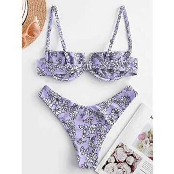 ZAFUL Women's Underwire Bikini Floral V-Wired High Leg Two Piece Bikini Set Swimsuit (5-Mauve, L)