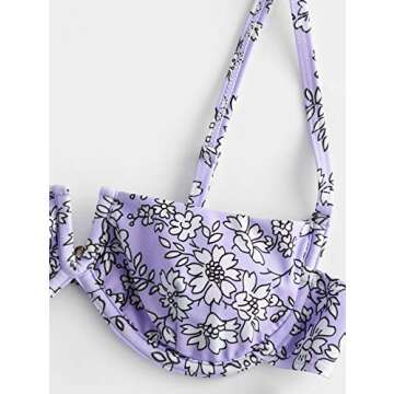 ZAFUL Women's Underwire Bikini Floral V-Wired High Leg Two Piece Bikini Set Swimsuit (5-Mauve, L)