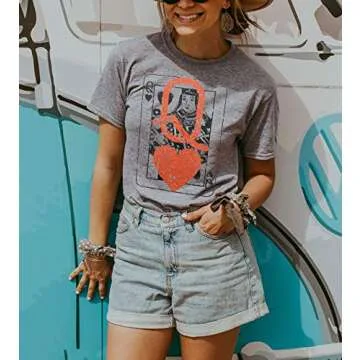 Q of Hearts T-Shirt Women Vintage Country Music Graphic Tee Casual Letters Print Short Sleeve Tops (Grey, Large)