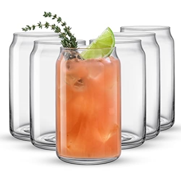 JoyJolt Drinking Glass Cups Set of 6-16oz Beer Can Glasses. Clear Soda Can Shaped Glass Cups, Cute I...