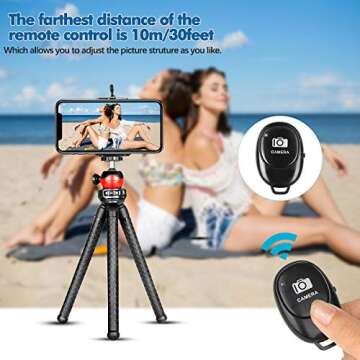 Phone Tripod, Flexible iPhone Tripod and Portable Adjustable Tripod with Wireless Remote and Universal Clip Mount Camera Tripod, Travel Tripod,Tabletop Tripod Compatible with iPhone Android