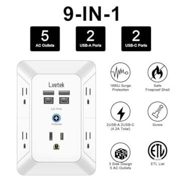 Outlet Extender, Surge Protector Outlet with 5-Multi Plug Outlet and 4 USB Ports(2 USB C), 3-Sided 1...