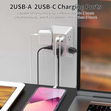 Outlet Extender and Surge Protector - 5 Plugs, 4 USB Ports - White