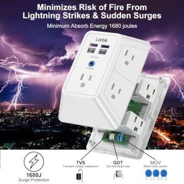 Outlet Extender and Surge Protector - 5 Plugs, 4 USB Ports - White