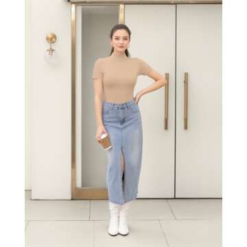 HERLOLLYCHIPS Mock Neck Tops for Women Basic Short Sleeve Tight Summer Sexy Dressy Casual Summer T-Shirts (Nude Apricot, Small)