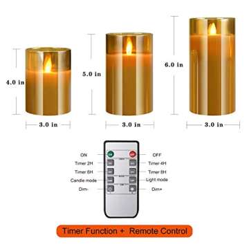 Led Flameless Candles, Battery Operated Flickering Candles Pillar Real Wax Moving Flame Electric Candle Sets Gold Glass Effect with Remote Timer, 4 in, 5 in, 6 in, Pack of 3 Gray