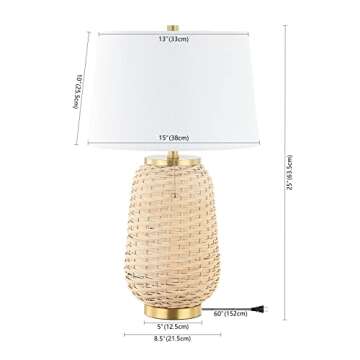 JONATHAN Y JYL4044A Chakrii 25" Rustic Bohemian Iron/Rattan LED Table Lamp with Pull-Chain Classic, Coastal Bedside Desk Nightstand Lamp, Brass Gold/Light Brown