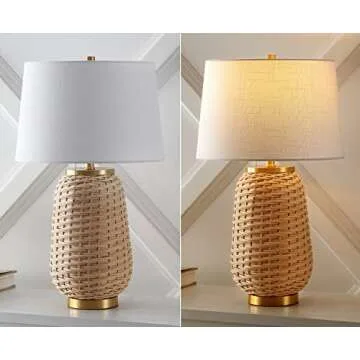 JONATHAN Y JYL4044A Chakrii 25" Rustic Bohemian Iron/Rattan LED Table Lamp with Pull-Chain Classic, Coastal Bedside Desk Nightstand Lamp, Brass Gold/Light Brown