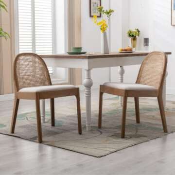 HEAH-YO Rattan Dining Chairs Set of 2, Upholstered Linen Dining Room Chairs with Backrests, Modern K...