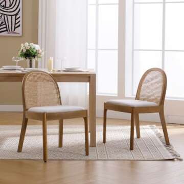 HEAH-YO Rattan Dining Chairs Set of 2, Upholstered Linen Dining Room Chairs with Backrests, Modern Kitchen Chairs with Wood Legs for Dining Room, Beige