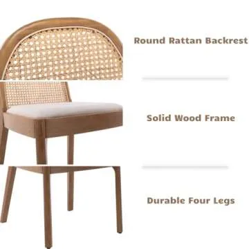 HEAH-YO Rattan Dining Chairs Set of 2, Upholstered Linen Dining Room Chairs with Backrests, Modern Kitchen Chairs with Wood Legs for Dining Room, Beige