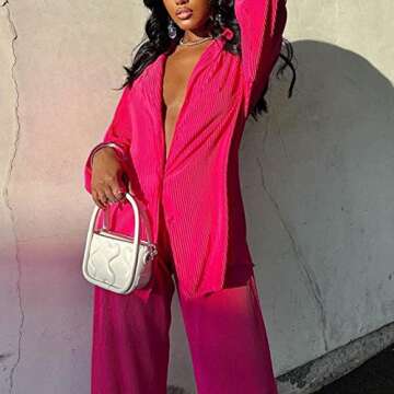 Womens Casual 2 Piece outfits - Long Sleeve Button Blouse Top Wide Leg Loose Streetwear Loungewear Deep Pink