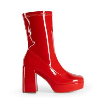 DREAM PAIRS Women's Mid Calf Gogo Boots Platform High Chunky Block Heel Square Toe Ankle Boots,Size 6.5,RED-PAT,SDMB2410W