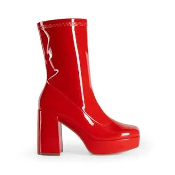 DREAM PAIRS Women's Mid Calf Gogo Boots Platform High Chunky Block Heel Square Toe Ankle Boots,Size 6.5,RED-PAT,SDMB2410W