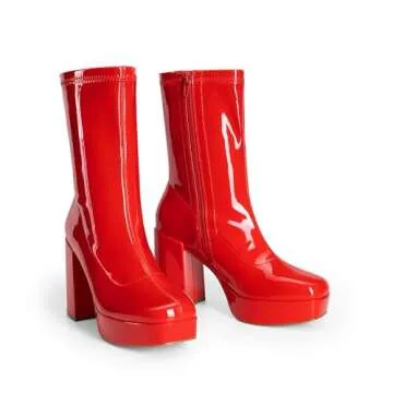 DREAM PAIRS Women's Mid Calf Gogo Boots Platform High Chunky Block Heel Square Toe Ankle Boots,Size 6.5,RED-PAT,SDMB2410W