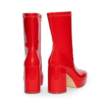 DREAM PAIRS Women's Mid Calf Gogo Boots Platform High Chunky Block Heel Square Toe Ankle Boots,Size 6.5,RED-PAT,SDMB2410W