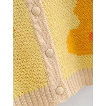 Women Y2K Knit Cardigan Floral Knitwear Button Down Long Sleeve V Neck Cropped Sweater Outerwear Coat Tops (B Yellow, M)
