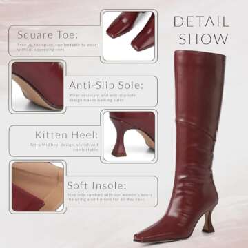 CYNLLIO Knee High Boots Women Kitten Heel Boots Square Toe Stiletto Tall Boots Fashion Red Long Boots Comfy Fall Boots Walking Office Party Shoes