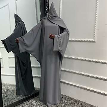 IKADEX Muslim Dress for Women Pakistani Kaftan Abaya Robe + Hijab Arabic Islamic Prayer Clothes Dubai Outfits Grey Set