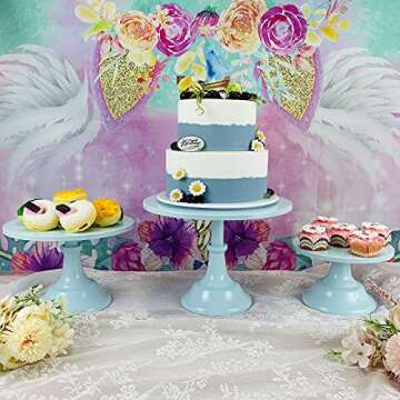 KERYNICE 3 Pcs Cake Stand Set Blue Metal Cupcake Holder Dessert Display Plate Decor Serving Platter for Baby Shower Wedding Birthday Parties Celebration
