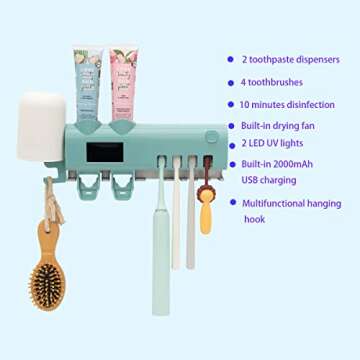 SHUKAN Toothbrush Hodler with 2 Toothpaste Dispenser, Bathroom Toothbrush Holder Wall Mounted with Function, 2000mAh Charging, Toothbrush Organizer for Ladies Baby Family（Blue）