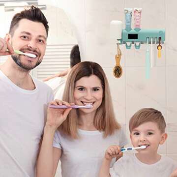 SHUKAN Toothbrush Hodler with 2 Toothpaste Dispenser, Bathroom Toothbrush Holder Wall Mounted with Function, 2000mAh Charging, Toothbrush Organizer for Ladies Baby Family（Blue）