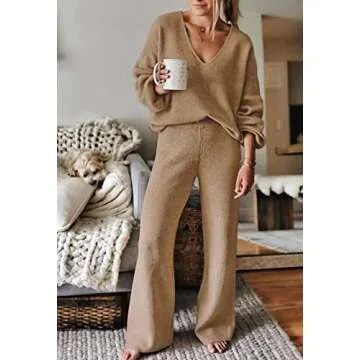 AOHITE Womens 2 Piece Outfits Casual V-neck Knit Pullover Sweater Wide Leg Pants Sleepwear Loungewea...