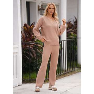 AOHITE Womens 2 Piece Outfits Casual V-neck Knit Pullover Sweater Wide Leg Pants Sleepwear Loungewear Set Khaki Medium
