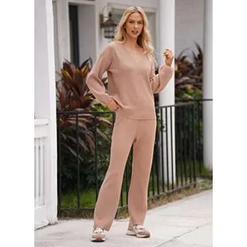 AOHITE Womens 2 Piece Outfits Casual V-neck Knit Pullover Sweater Wide Leg Pants Sleepwear Loungewear Set Khaki Medium