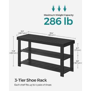 SONGMICS Shoe Rack Bench, 3-Tier Bamboo Shoe Storage Organizer, Entryway Bench, Holds Up to 286 lb, 11.3 x 35.4 x 17.8 Inches, for Entryway Bathroom Bedroom, Black ULBS90B33