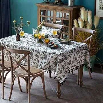 SUTAVIA Boho Cotton Linen Tablecloth Bohemian Beige Fabric Black Floral Embroidery Tassel Rectangle Dust-Proof for Home Decor Kitchen Holiday Party Dining Table(Black Flower, Rectangular 60"x84")