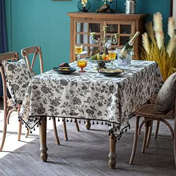 SUTAVIA Boho Cotton Linen Tablecloth Bohemian Beige Fabric Black Floral Embroidery Tassel Rectangle Dust-Proof for Home Decor Kitchen Holiday Party Dining Table(Black Flower, Rectangular 60"x84")