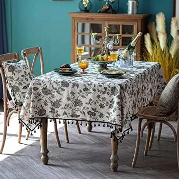 SUTAVIA Boho Cotton Linen Tablecloth Bohemian Beige Fabric Black Floral Embroidery Tassel Rectangle Dust-Proof for Home Decor Kitchen Holiday Party Dining Table(Black Flower, Rectangular 60"x84")